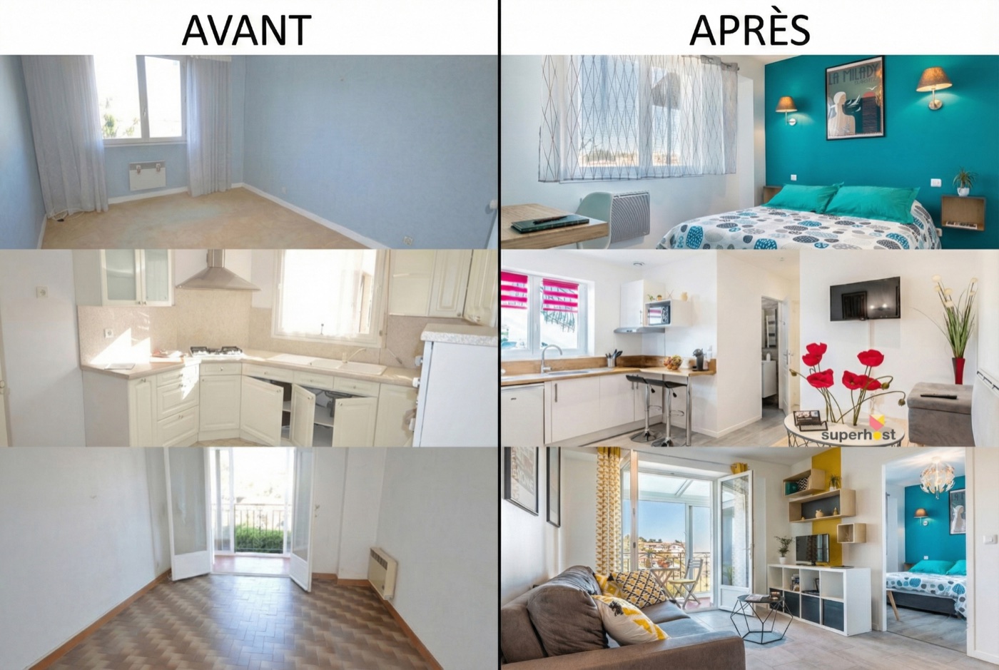 Mon premier appartement avant et après les travaux&nbsp;: chambre, cuisine et salon, d'abord vides et datés, puis aménagés et décorés
